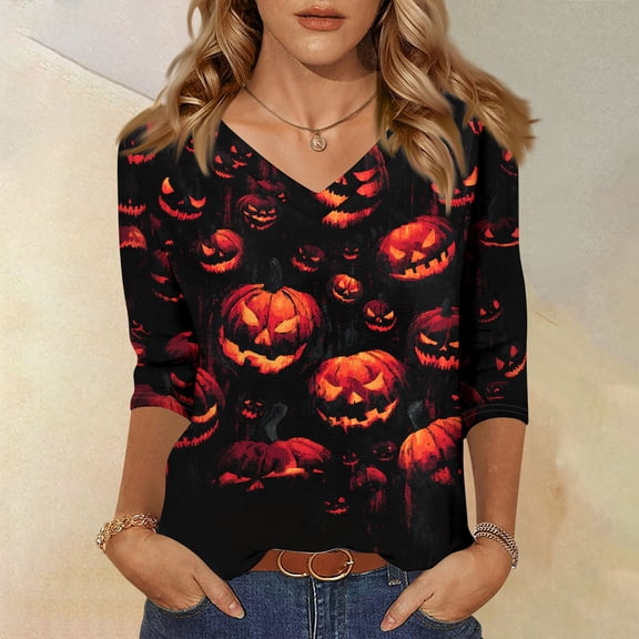 Ladies V Neck Tops 3/4 Sleeve Halloween Fall Outfits Pumpkin Print Casual Shirts