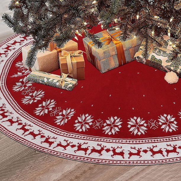 CHAO Falda grande para árbol de Navidad, alfombra navideña rústica de 48 pulgadas con copos de nieve y falda de reno de punto rojo para decoración del hogar en interiores y exteriores