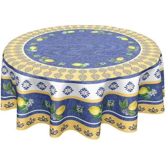Lemon Round Tablecloth 60 Inch Blue Yellow French Country Style Fruit Floral Print Table Cloth Rustic Farmhouse Washable Polyester Table Cover for Kitchen Dining Room Party Indoor Outdoor Home Decor