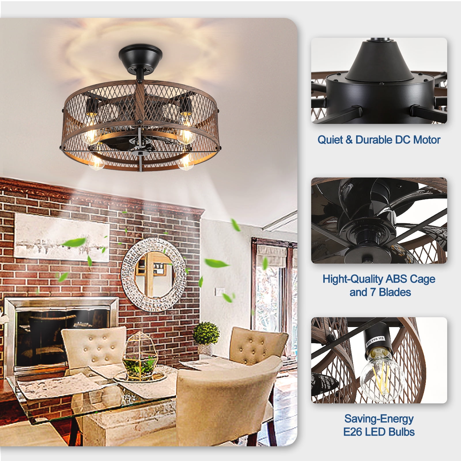 20-Inch Walnut Outdoor Ceiling Fan with Light: Ceiling Fan with Smart Remote Control, Farmhouse Cage Design, 6-Speed Reversible - Flush Mount for Patio, Kitchen, Bedroom