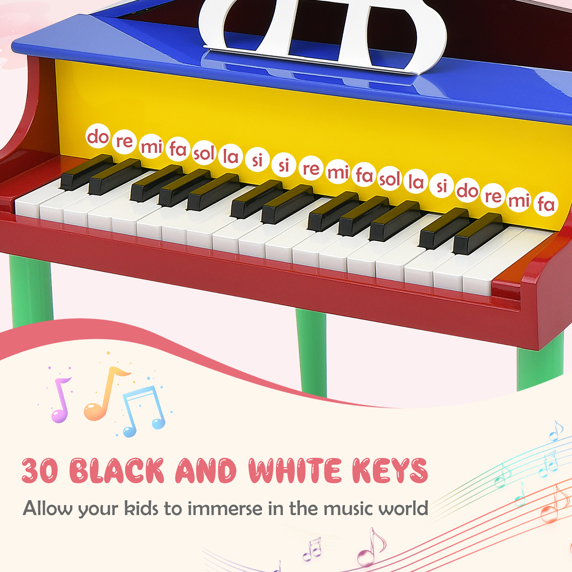 Gymax 30-Key Classic Baby Grand Piano Toddler Toy Wood w/ Bench & Music Rack Colorful