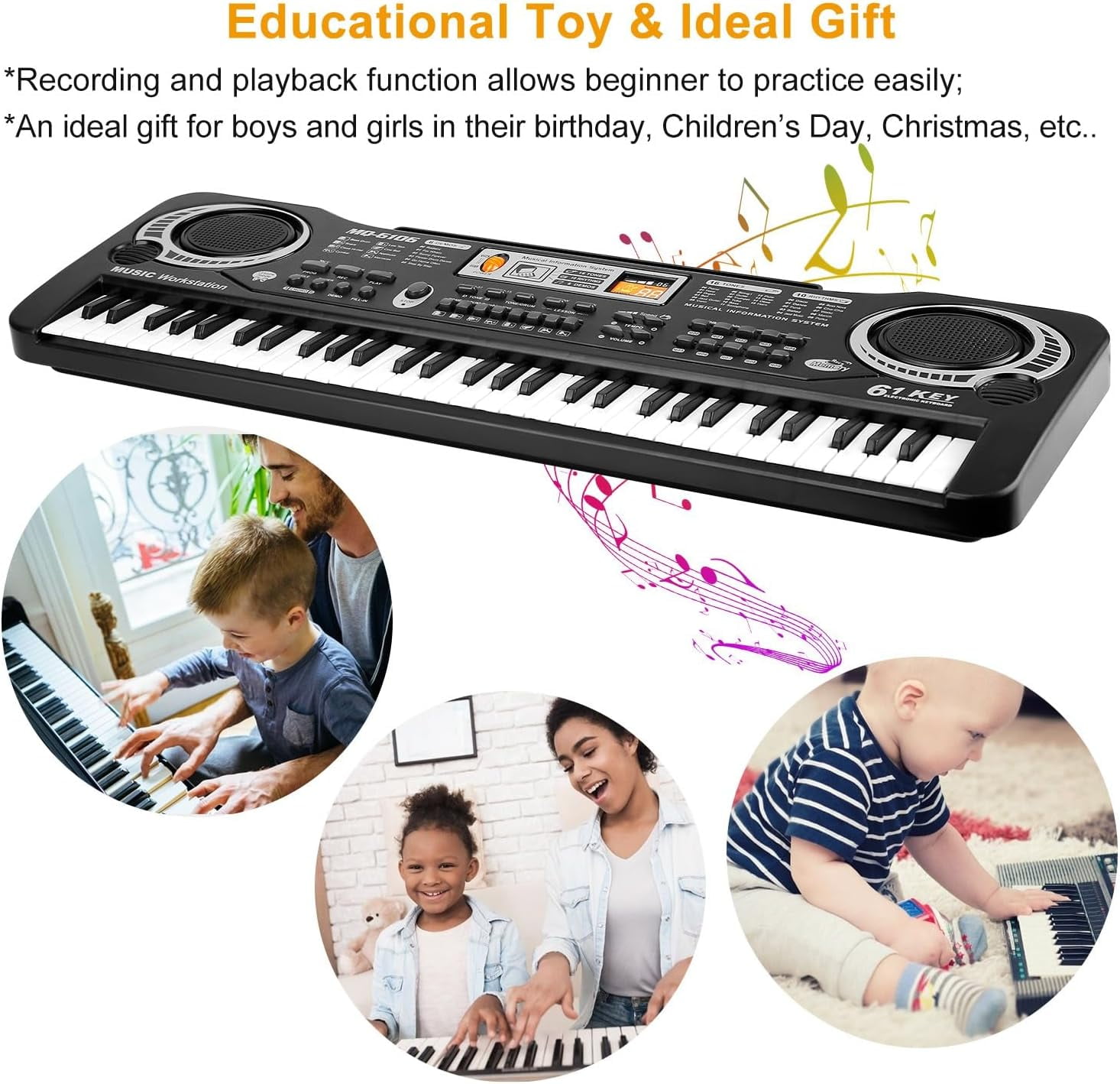 Anself 61 Key Keyboard Piano, Electronic Keyboard Piano with Microphone for Kids Gift, Black