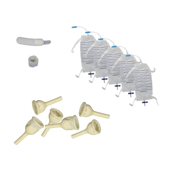 Complete Kit Urinary 25 Rubber Condom Catheters External Self-Sea + 5 Leg Bag 750ml + Straps with a 5.9 inch 15 cm Tube + 1 Count Safe and Secure Strap is a Fo