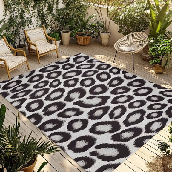 Leopard Printed Outdoor Rug for Patio/Deck/Porch, Non-Slip Large Area Rug 4 x 6 Ft, Farmhouse Vintage Animals Black Grey Indoor Outdoor Rugs Washable Area Rugs, Reversible Camping Rug Carpet Runner