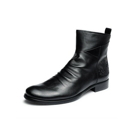 

GENILU Mens Dress Boots Side Zip Leather Boot Pleated Ankle Booties Men Non Slip Embroidered Round Toe Casual Black 8.5