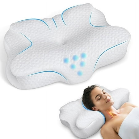 Neck Pillow Cervical Memory Foam Pillows, Cooling Contour Pillow for Neck Pain Relief, Ergonomic Orthopedic Bed Pillow for Side Back Stomach Sleepers with Breathable Pillowcase, White