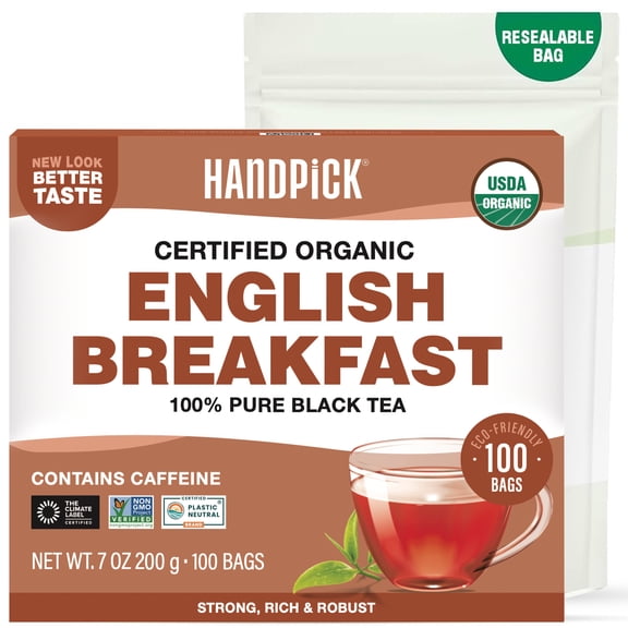HANDPICK, Organic English Breakfast Black Tea Bags (100 Count) USDA Organic, Non-GMO | Strong, Robust, High-Caffeine Black Tea | Eco-conscious Tea Bags, Brew English Breakfast Tea & Kombucha Tea