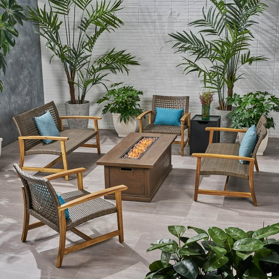 Harleigh Outdoor 6 Piece Wood and Wicker Chat Set with Fire Pit, Mixed Mocha and Brown