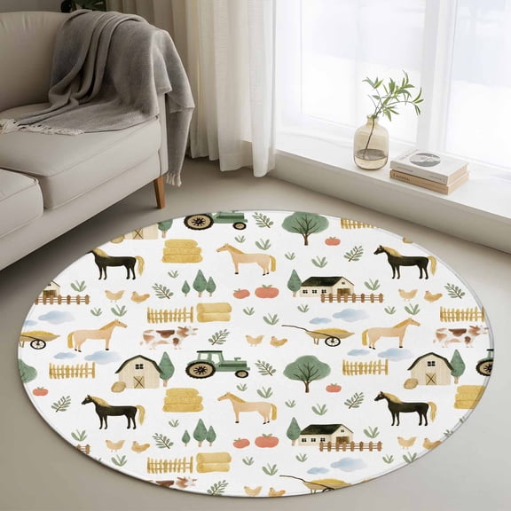 Round Area Rug 4 Ft, Cartoon Farmhouse Washable Non-Slip Circle Carpet for Living Room/Bedroom, Cute Watercolor Cabin Animals Trees Low-Profile Crawling Mats Collection Rugs for Indoor