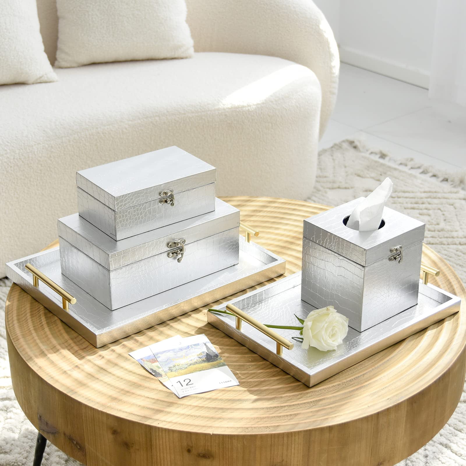 MODE HOME Set of 2 Wooden Decorative Nesting Storage Boxes, Silver Crocodile Leather with Clasp for Home Kitchen Living Room, Ideal Gift for Wedding Memories Jewelry Trinket