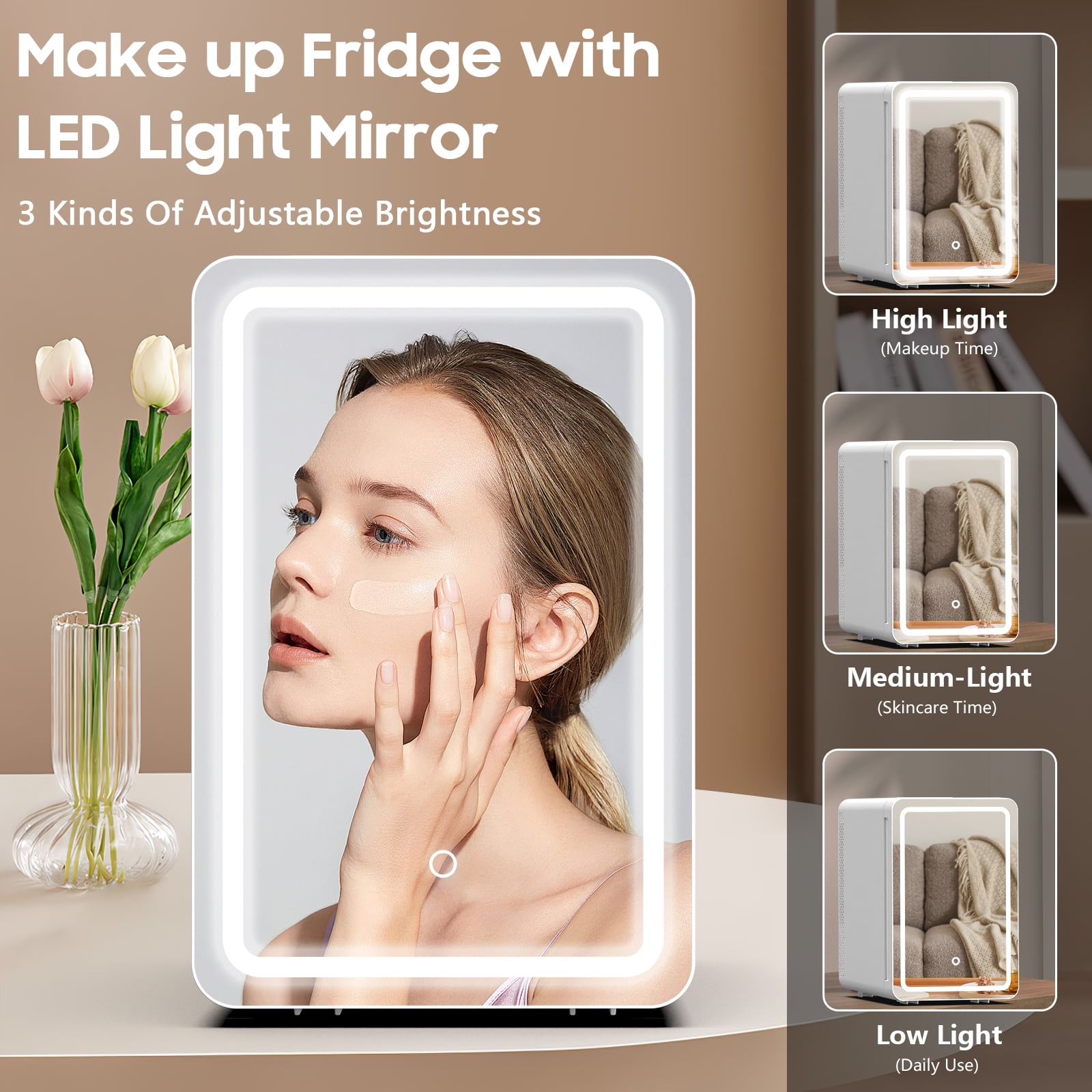 ADVWIN 20L Skincare Fridge with Mirror & LED Lighting, 3-Mode Dimmable, Cooler & Warmer with Drip Tray, Bedroom, Vanity, Car & Home Use