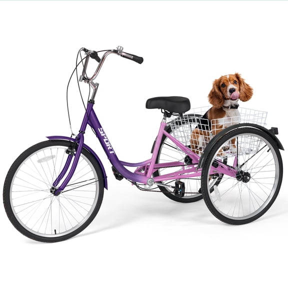 Naipo 26" Adult Tricycle, Carbon Steel 3 Wheel Bikes 7 Speed Trikes with Adjustable Seat Shopping Basket 360lbs Capacity for Seniors/Commuting Purple