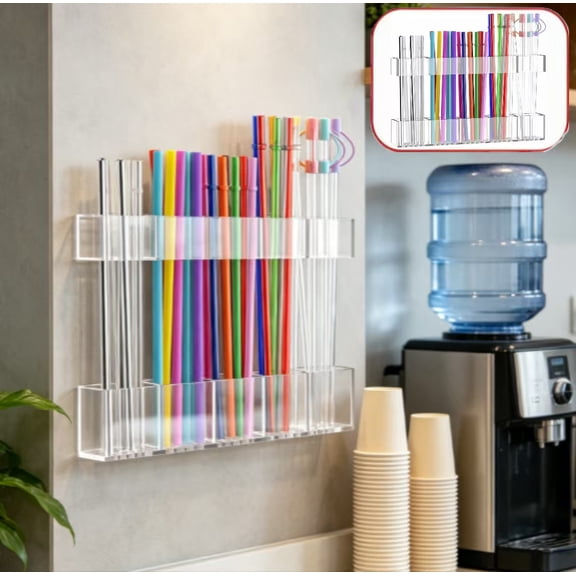 Wall Mount Straw Storage Holder for Cabinet Door, Reusable Tumbler Straw Organizer Container, Kitchen Counter, Multi-Purpose Straw Dispenser for Household Kitchen Use(Clear)