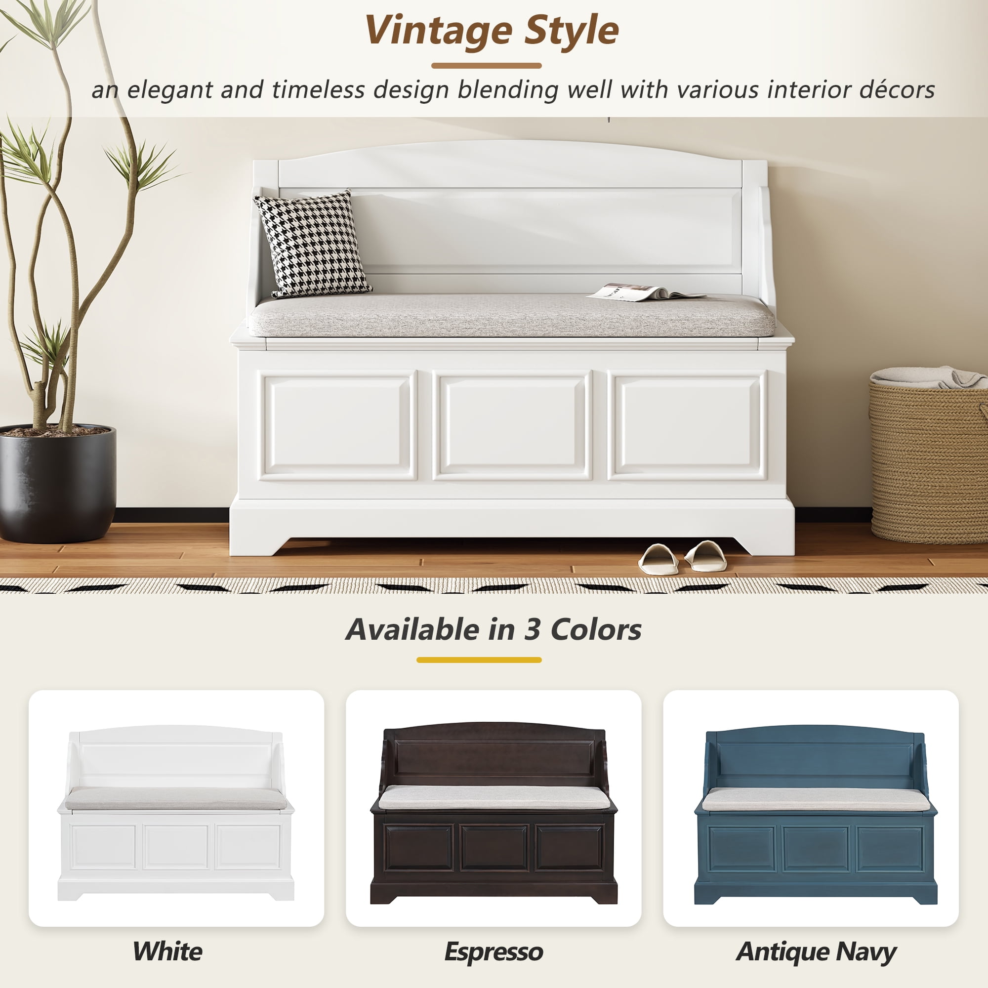 Retro Shoe Storage Bench with Hidden Storage and Cushion, White
