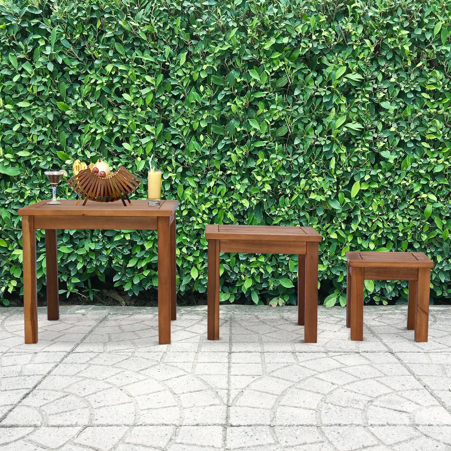 Demi Bonn 3 Piece Outdoor Side Nesting Table Patio Set with Acacia Wood Build & Multi-Functional Design, Outside End Tabledoor or Outdoor Use, Brown