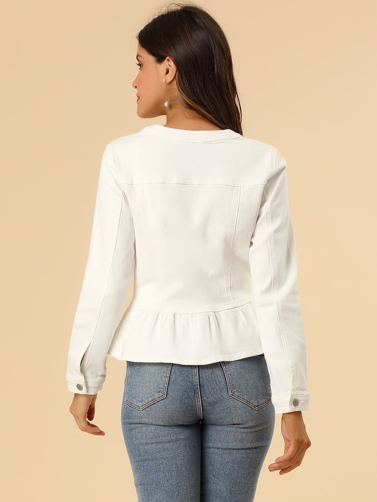 DARING DIVA Women's Button Down Cropped Ruffle Hem Denim Jacket XXL White