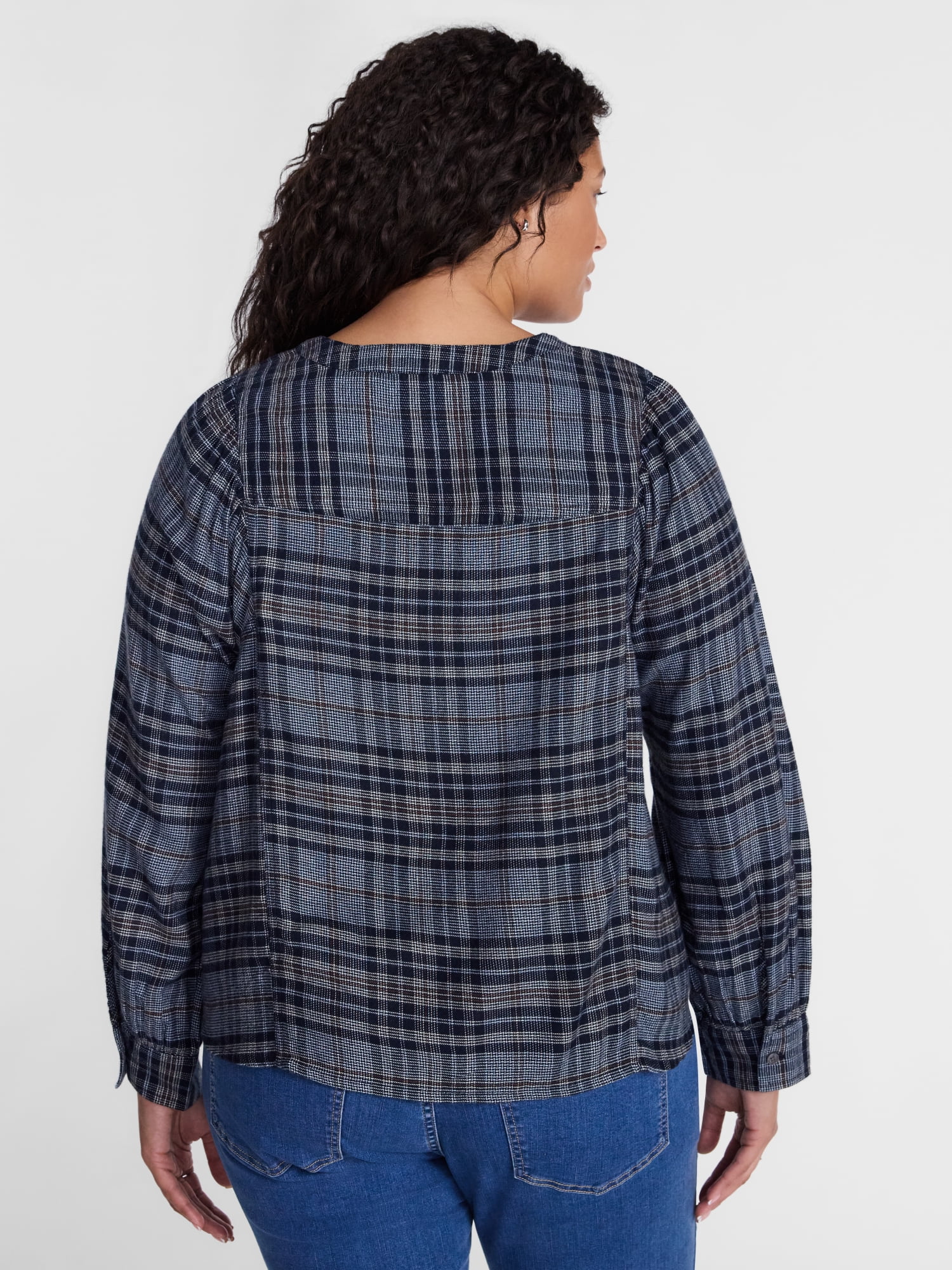 Terra & Sky Women's Plus Button Front Woven Shirt with Long Puff Sleeves, Sizes 0X- 5X