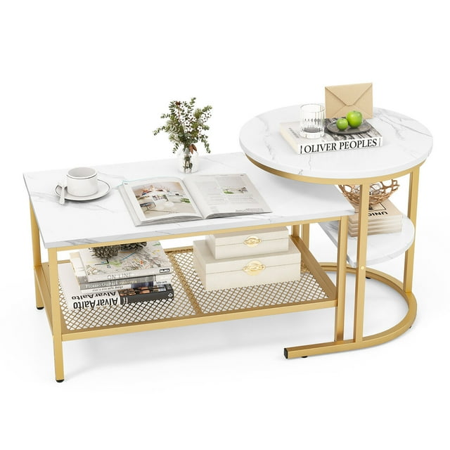 Gymax Table Basse Gigogne Ensemble de 2 Dessus en Faux Marbre Détachable avec Étagère de Rangement Or