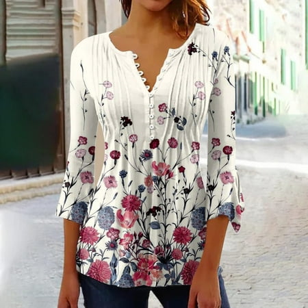

Idoravan Three Quarter Length Sleeve Tops for Women Clearance Women s Casual Trumpet 3/4 Sleeve Printed Buttoned Basic Ruched Corset Tunic Tops Pleated T-shirts Blouses