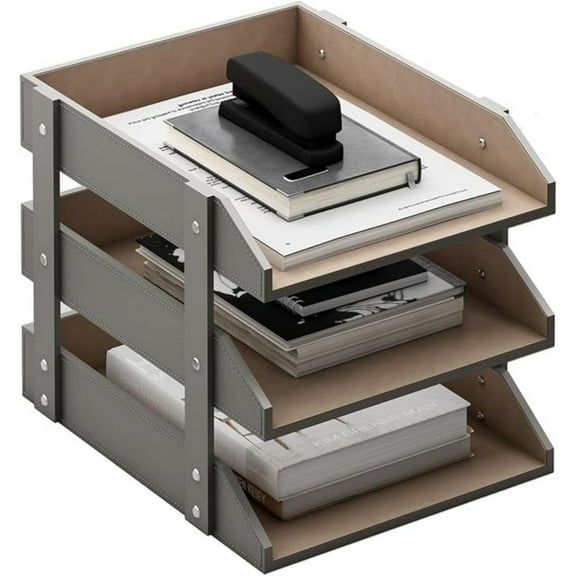 Leather Desk Organizer,  3-Tier Stackable Letter Tray Holder for Office Supplies, Paper, File, Magazine, Perfect Office Organization for Desktop (Grey-3Tiers)