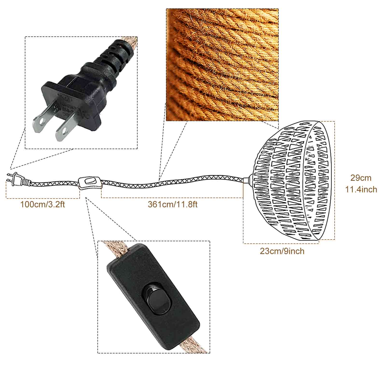 IC INSTANT COACH Woven Pendant Lights, Brown Woven Rattan Shade, Hemp Rope Hanging Cord with Switch, E26 Farmhouse Chandelier Pendant Light Fixtures for Kitchen Island, Dining Room, Living Room, Bedro