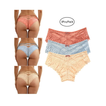 

WTPretty Plus Size S-5XL Womens Seamless Lace Briefs Lingerie 3-Pack Thong Panties