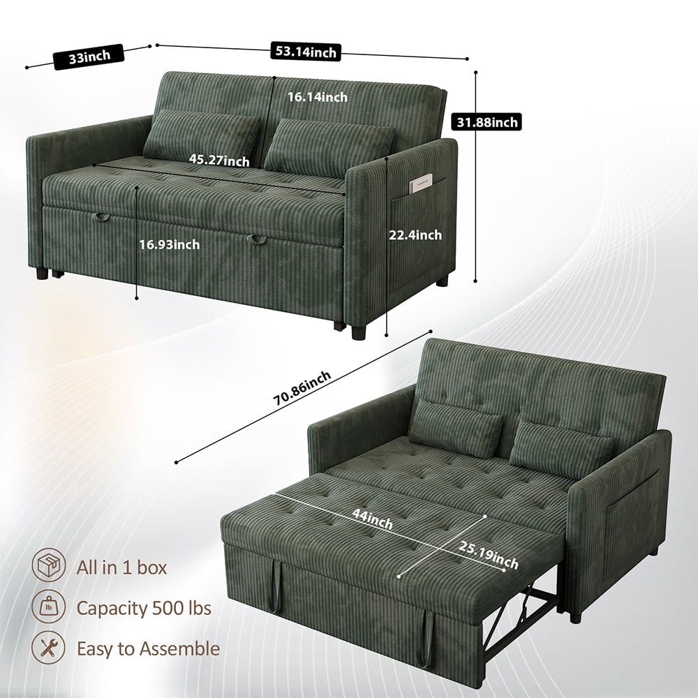 53" Corduroy 3-in-1 Convertible Loveseat Sofa Bed with Pull-Out Sleeper, Adjustable Backrest, USB & Type-C Ports, Storage Pockets, Small Space 2-Seat Couch for Living Room, Bedroom, Apartment, Green