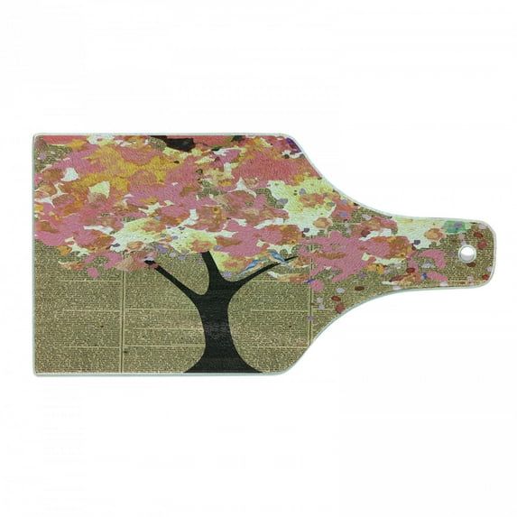 Tree Cutting Board, Paint Splash Branches on Grunge Vintage Newspaper Look Background Art Print, Decorative Tempered Glass Cutting and Serving Board, Wine Bottle Shape, Multicolor, by Ambesonne