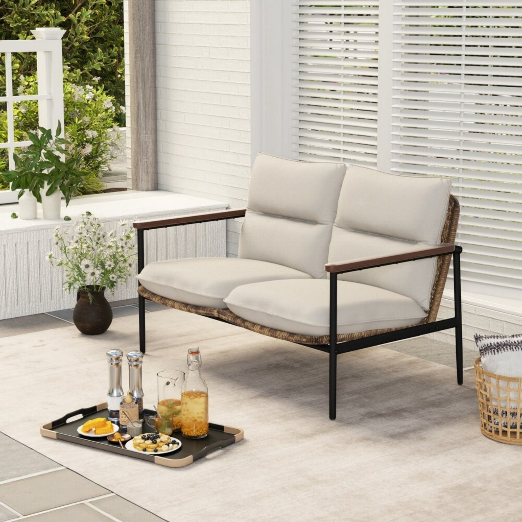 Aluminum Wicker Outdoor Loveseat with Cushions, 49.6" Patio Sofa, Hand-Woven Rattan, Deep Seating for Garden, Backyard, Balcony