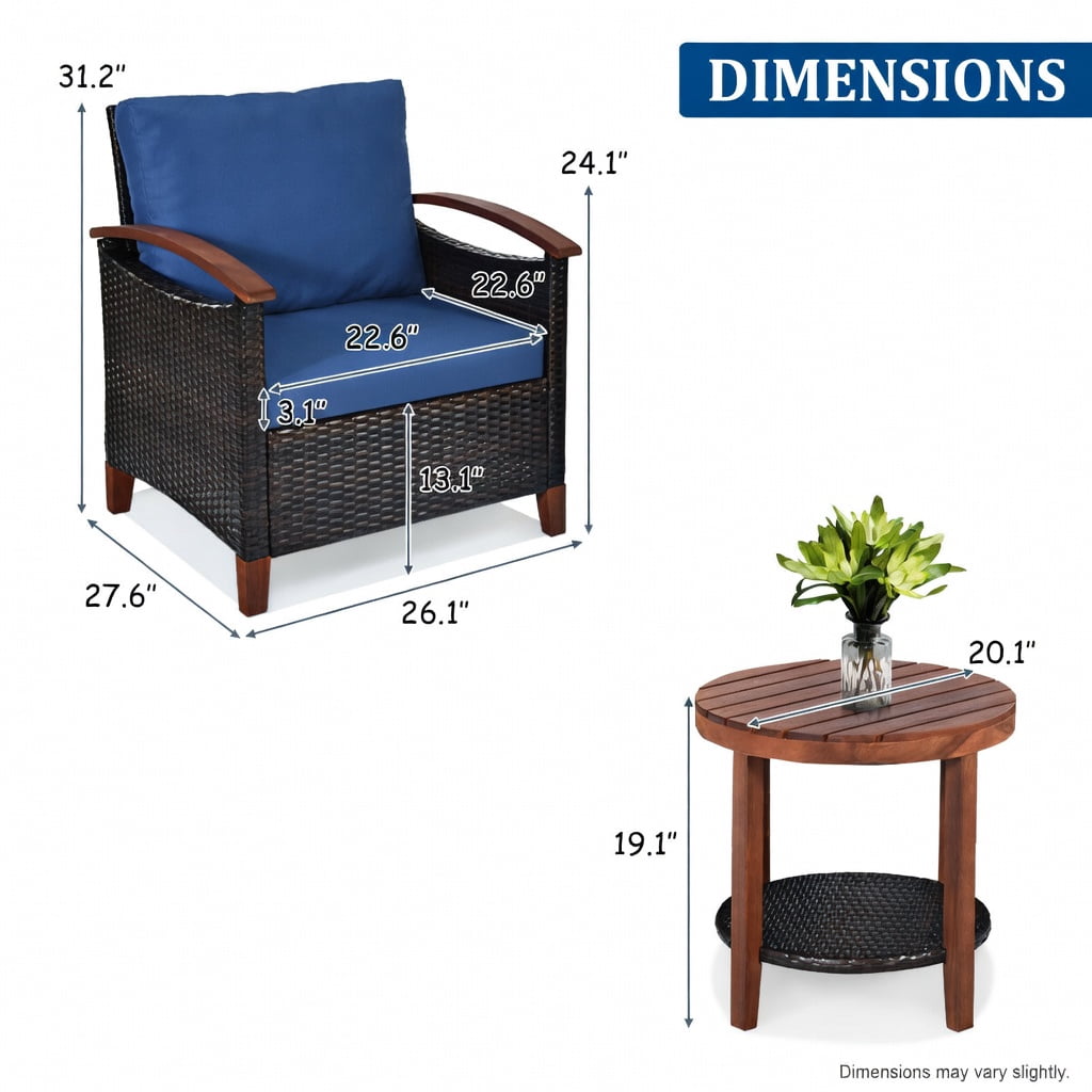Hommoo 3-Piece Outdoor Rattan Patio Furniture Set with Washable Blue Cushions, Acacia Wood Coffee Table, Blue
