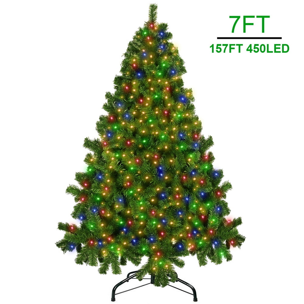 7FT Christmas Trees 1000 Tips Artificial Xmas Tree with 450 LEDs String Light12 Lighting Modes