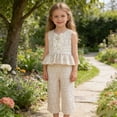 thumbnail image 2 of Kcolen Girls Bow Ruffle Sleeve Top & Cropped Pants Set, 2 Piece Elegant Summer Outfit, Dressy Casual Set for Toddler Girls, 2 of 6