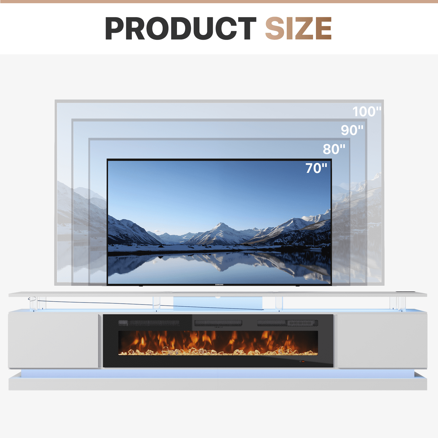 Sonegra Modern Fireplace TV Stand for TVs Up to 100" with music sync LED, 90" Fireplace Entertainment Center with Charging Station, TV Console with Storage Cabinets for Living Room, White