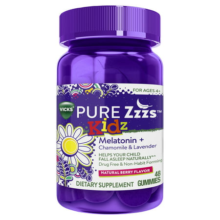 Vicks PURE Zzzs Kidz Melatonin Lavender & Chamomile Sleep Aid Gummies for Kids & Children, Natural Berry Flavor, 0.5mg per gummy, 48 (Best All Natural Sleep Aid)