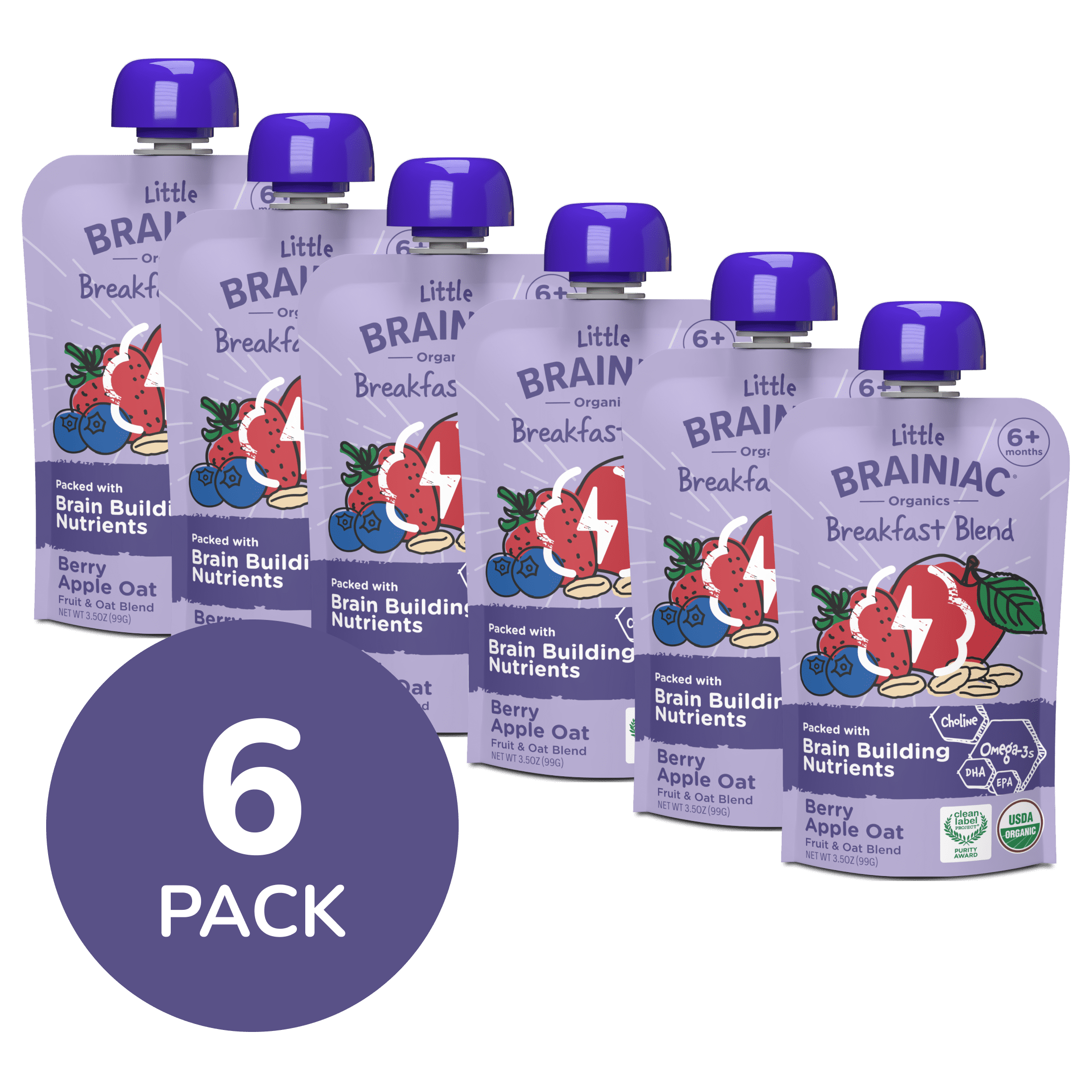 Little Brainiac Organic Fruit & Oat Brain Squeezies with BrainPack, Berry Apple Oat, 3.5oz, 6ct