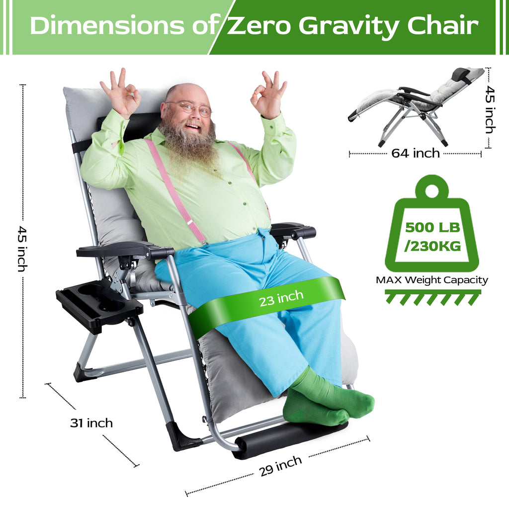 Oversized Zero Gravity Chair (2 Pack) ,VECUKTY Oversized XL 29IN Ergonomic Patio Recliner Folding Reclining Chair for Indoor and Outdoor,Gray - image 2 of 7