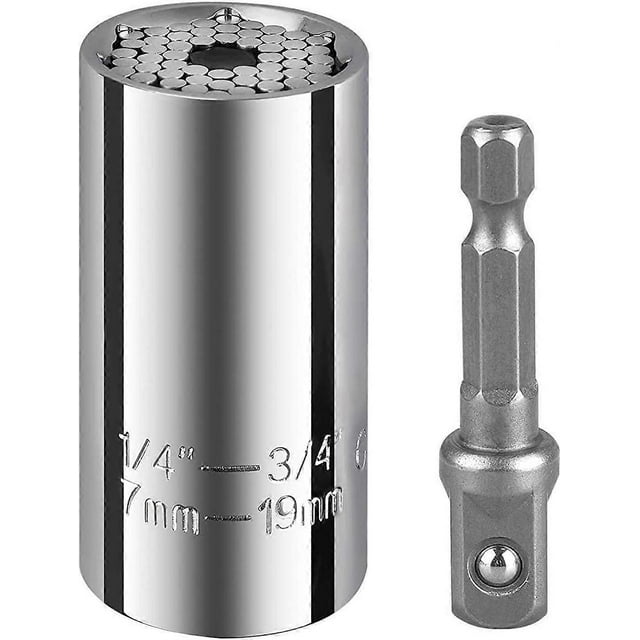 Universal Socket, 1/4"-3/4" (7mm to 19mm) Ratchet Universal Socket Set with Wrench Power Drill Adapter - Best Tool Present for Handyman Men Husband Fa