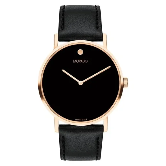 Movado Signature Rose Gold 0607742 Black Leather Strap Stainless Case Mens Watch