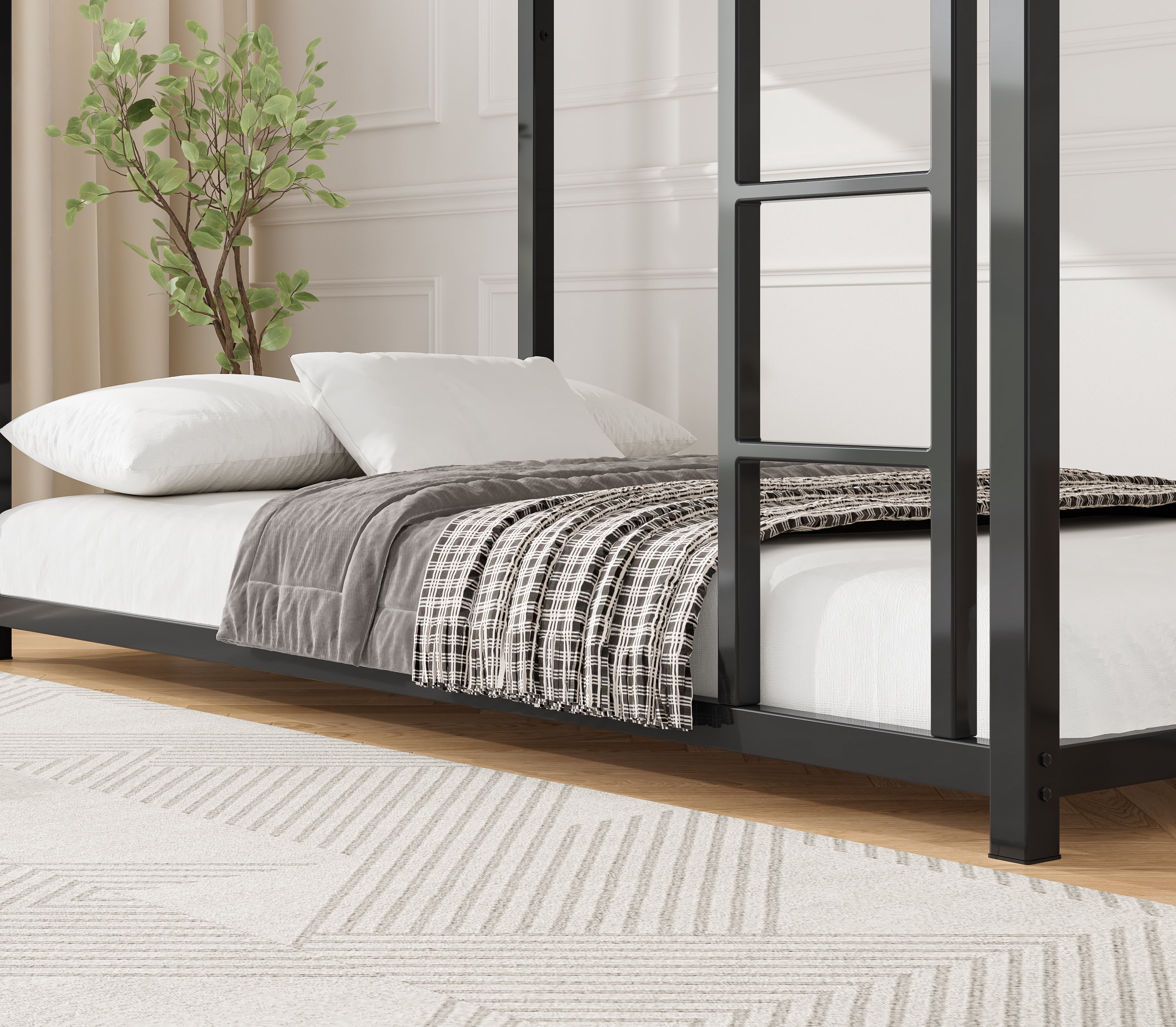 Twin Over Twin Metal Bunk Bed with Ladder, Low Profile Bunk Bed Frame, Sturdy Steel Construction with Full Length Guardrail for Bedroom, Guest Room, Black