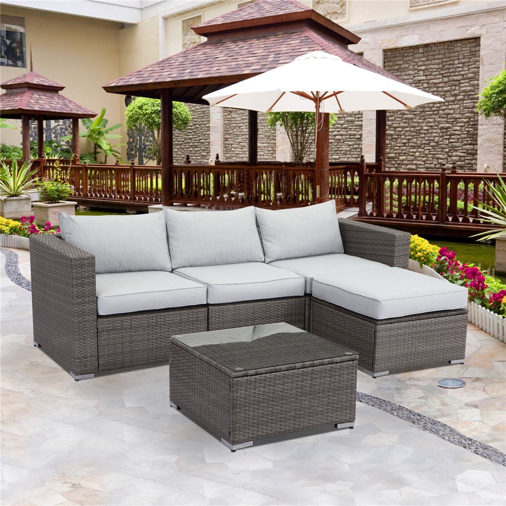 5 PCS Outdoor Patio PE Rattan Wicker Sofa with Ottoman Sectional