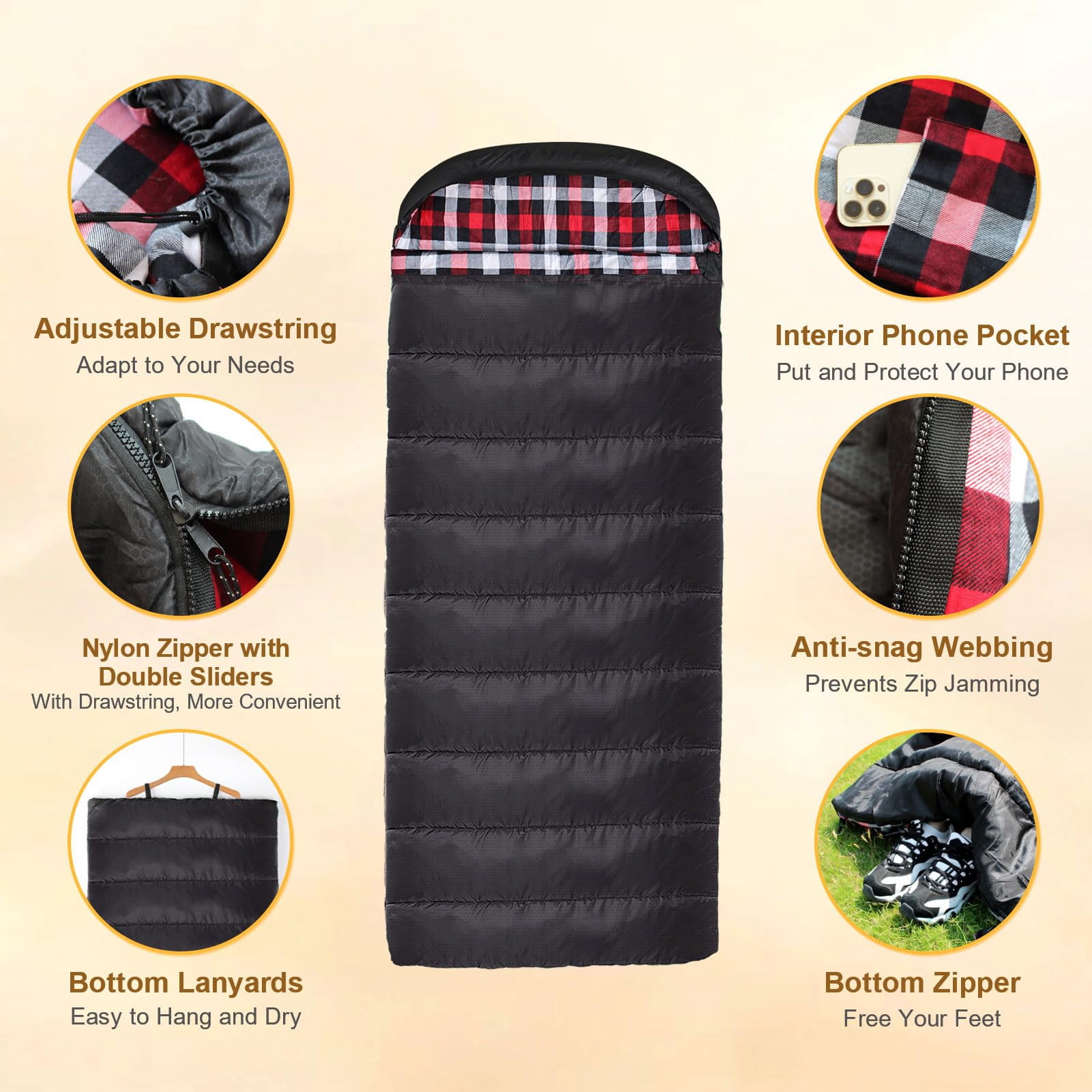 Flannel Sleeping Bag Cotton 0 Degree Cold Weather for Adults XXL Sleeping Bag 4 Season Big and Tall with Pillow Compression Sack (Right Zipper)