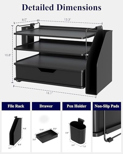 Quivanta Desk Organizer - 4-Tier Office Desk Accessories with Drawer ＆ Pen Holder, Tool-Free Assembly Organizer with Non-Slip Pads, for Office Supplies Storage, Plastic, 13.3" x 8.0" x 10.8", Black