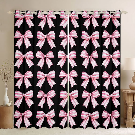 Feelyou Black Pink Bow Black Out Curtains, Fashion Ribbon Curtains Pack of 2 (42x63 Each)