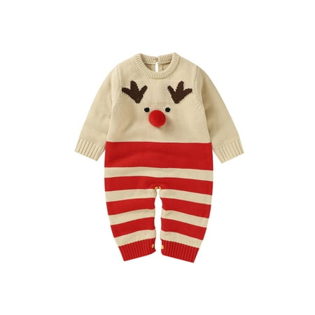 

Bebiullo Newborn Baby Girls Boys Christmas Reindeer Romper Overalls Xmas Sweater Jumpsuit Knitted Outfit Apricot 0-3 Months