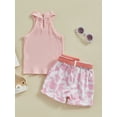 thumbnail image 4 of xiaxaixu Kids Girl Summer Outfits Solid Color Ribbed Knit Halter Tank Tops Camouflage Shorts Belt Bag 3Pcs Clothes Set, 4 of 8