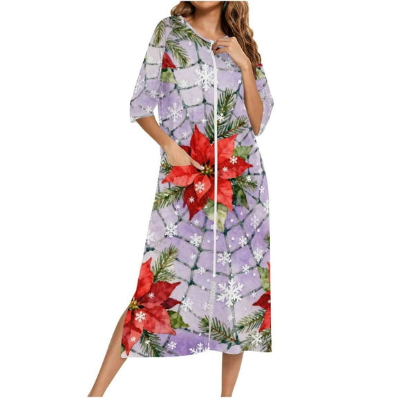 Lorytime Night Dresses for Women Pajamas Sets Christmas Printed Nightgown Crewneck 3/4 Sleeve Pajamas Raglan Sleepwear