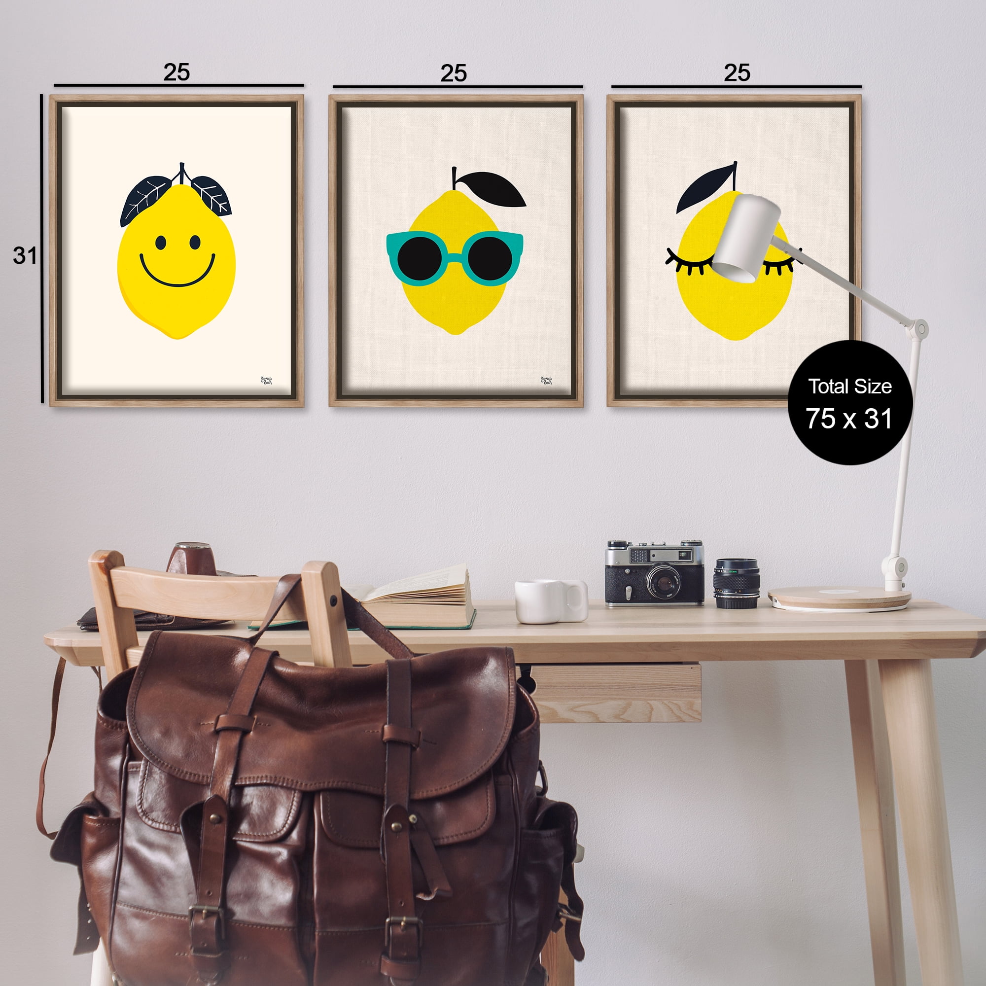 Stupell Industries Hip Summer Lemon Faces Food & Beverage Painting Brown Floater Framed Canvas Art Print Wall Art, 25 x 31, Set of 3
