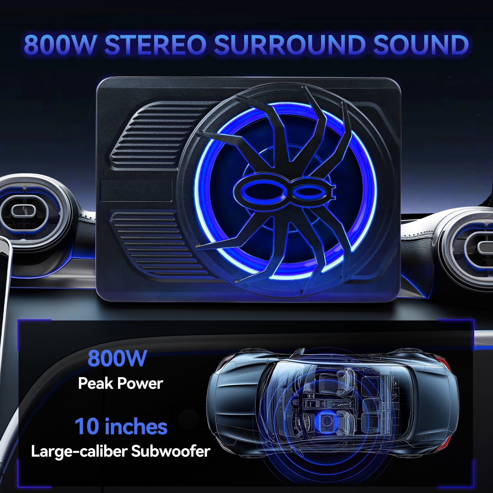 Audew (Andeman) Car Subwoofer amplifier, Ultra-thin10" Large-caliber subwoofer with Blue LED Ambient Light, 800W Stereo Surround Sound built-in amplifier, High/Low Level Input for Car/Truck