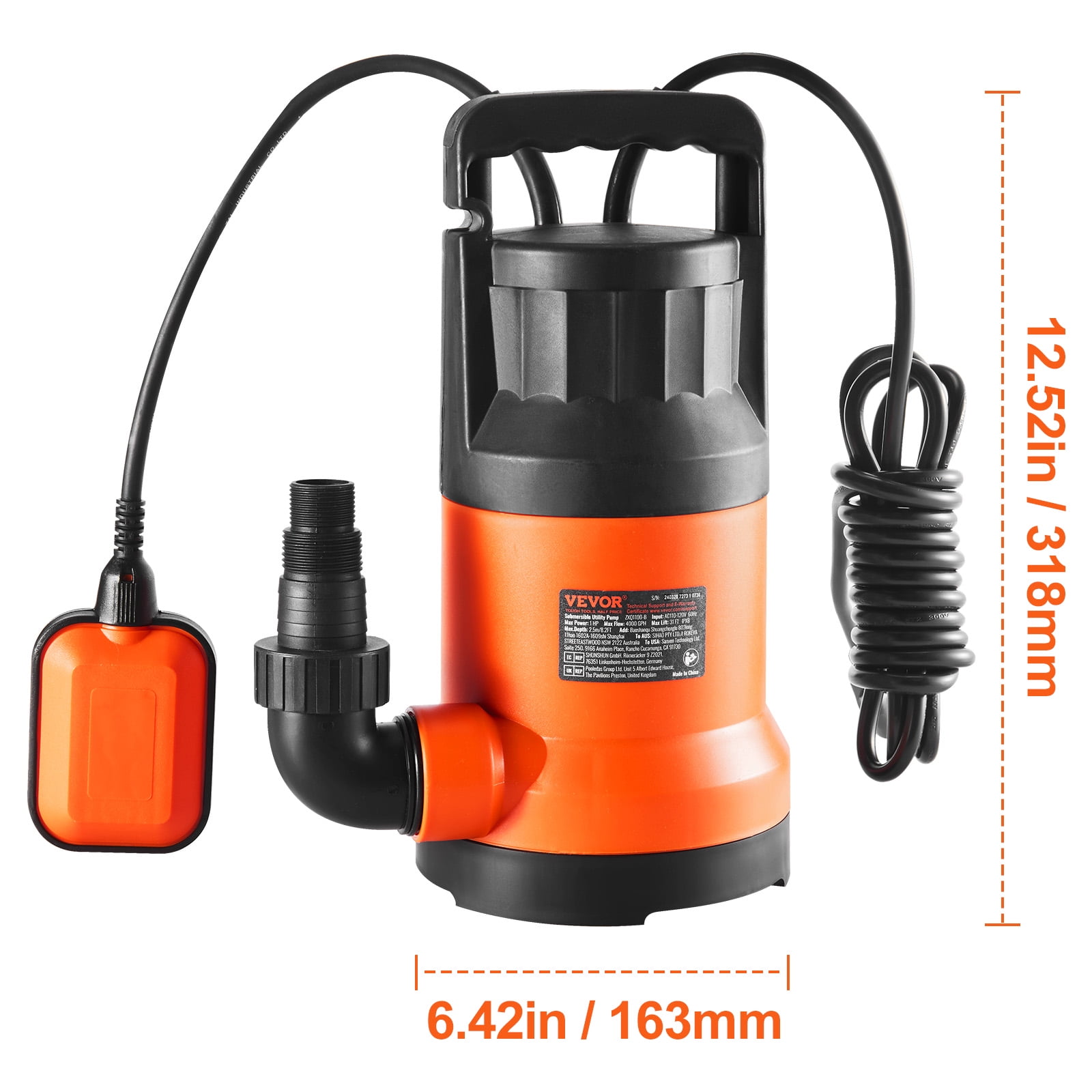 VEVOR Utility Pump, 1 HP, 4000 GPH High Flow, 31 ft Head, Sump Pump Submersible Water Pump Portable Utility Pump with 10 ft Long Power Cord for Draining Water from Swimming Pool Garden Pond Basement