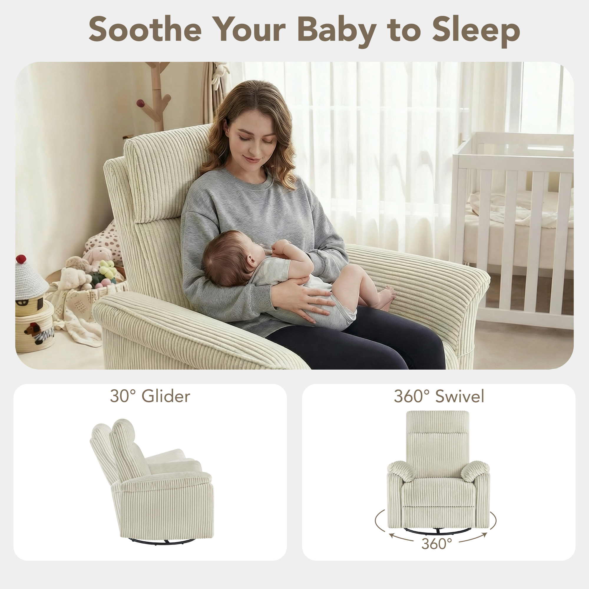 Spruce & SpringManual Swivel Glider Recliner with Three Recline Positions, Cream